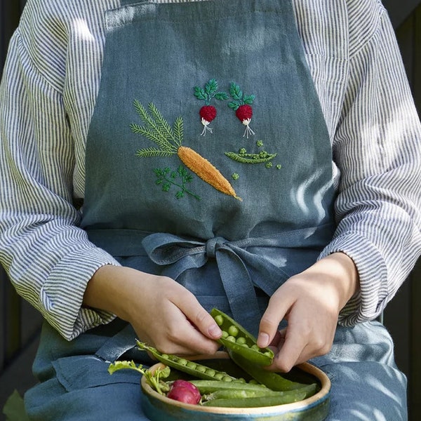 Bestickte Kochschürze für Frauen, Stickerei Leinenschürze mit Gemüse, bestickte Schürze, Vintage bestickte Schürze