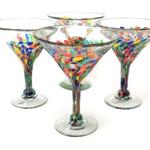 Mexican Hand Blown Glass – Set of 4 Hand Blown Modern Margarita Glasses - Confetti Carmen (12 oz)