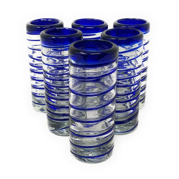 Hand Blown Mexican Tequila Shot Glasses – Set of 6 Blue Spiral Tequila Shot Glasses (2 oz each)