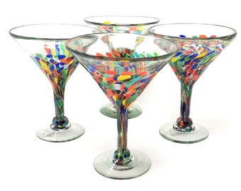 Mexican Hand Blown Glass – Set of 4 Hand Blown Modern Margarita Glasses - Confetti Carmen (12 oz)