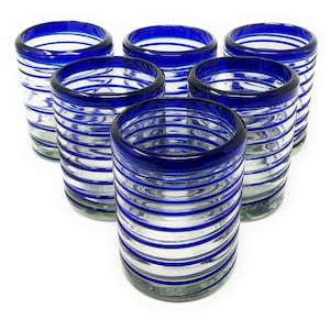 Hand Blown Mexican Drinking Glasses Set of 6 Tumbler Glasses with Blue Spiral Design 10 oz each image 1