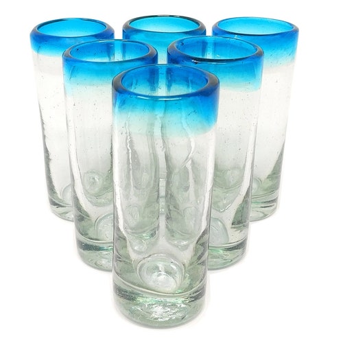 Hand Blown Mexican Tequila Shot Glasses Set of 6 Blue Spiral Etsy