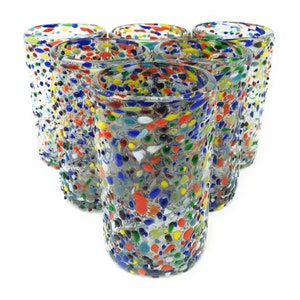 Hand Blown Mexican Drinking Glasses – Set of 6 Confetti Rock Design Glasses (14 oz each)