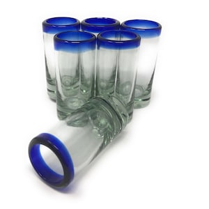 Hand Blown Mexican Tequila Shot Glasses – Set of 6 Cobalt Blue Rim Tequila Shot Glasses (2 oz each)