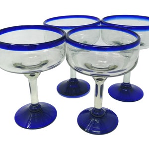 Hand Blown Glassware – Set of 4 Mexican  Hand Blown Blue Rim Margarita Glasses (16 oz)