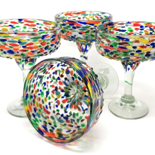 Hand Blown Blue Rim Mexican Margarita Glasses Pebble Confetti Etsy