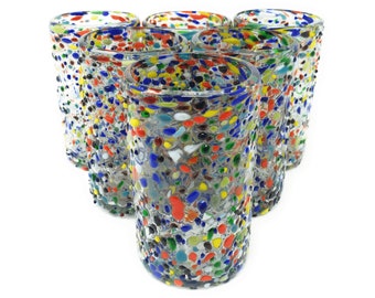 Hand Blown Mexican Drinking Glasses – Set of 6 Confetti Rock Design Glasses (14 oz each)