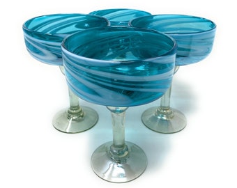 Mexican Hand Blown Glass – Set of 4 Hand Blown Margarita Glasses Aqua Swirl (16 oz)