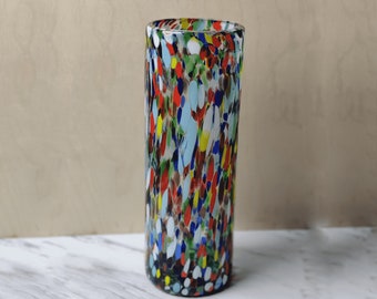 Mexican Hand Blown Glass Vase (11.5" x 4") – Confetti Carmen Colorful Flower Vase, Centerpiece, Cylinder Vase