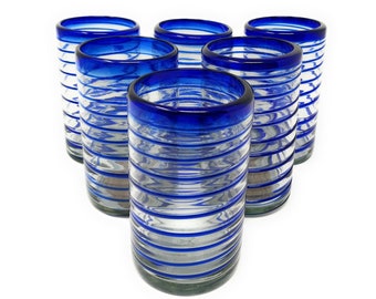 Hand Blown Mexican Drinking Glasses – Set of 6 Glasses with Cobalt Blue Spiral Design (14 oz each)