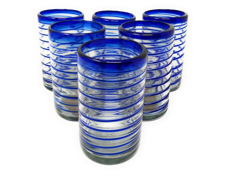 Hand Blown Mexican Drinking Glasses Set of 6 Glasses with Cobalt Blue Spiral Design 14 oz each image 1