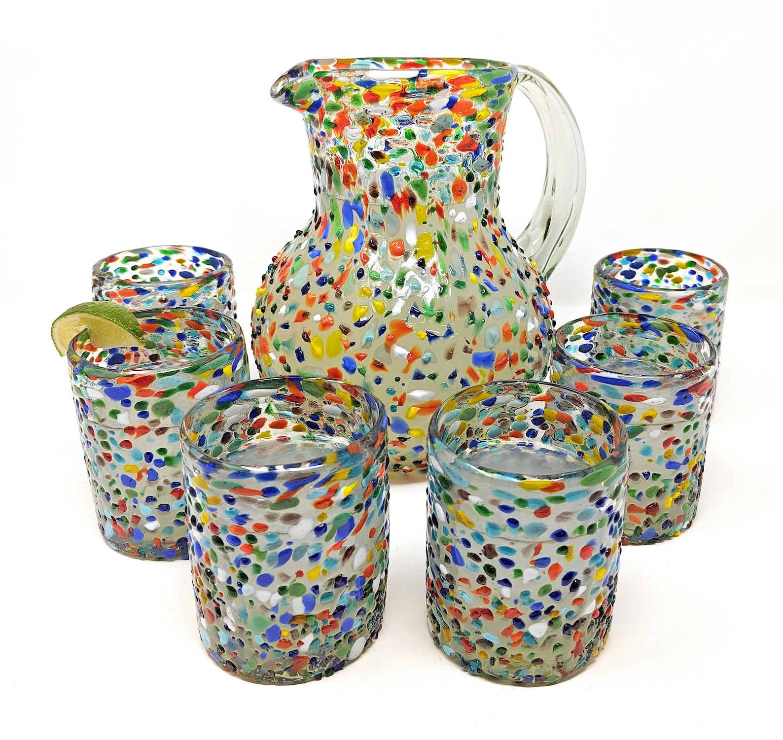 Mexican Hand Blown Glassware Combo Set - Confetti Rock Design Pitcher and Tumblers