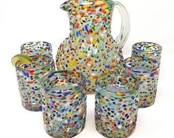 Mexican Hand Blown  Glassware Combo Set - Confetti Rock Design Pitcher and Tumblers