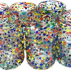 Hand Blown Mexican Drinking Glasses – Set of 6 Confetti Rock Design Glasses (14 oz each) image 6