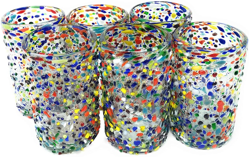 Hand Blown Mexican Drinking Glasses – Set of 6 Confetti Rock Design Glasses (14 oz each) image 6
