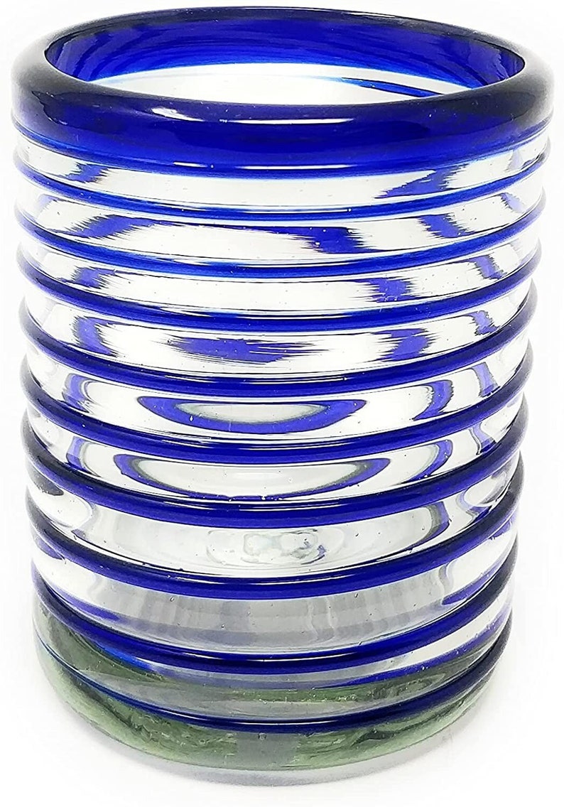 Hand Blown Mexican Drinking Glasses Set of 6 Tumbler Glasses with Blue Spiral Design 10 oz each image 6