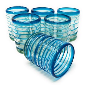 Hand Blown Drinking Glasses – Mexican Tumbler Glasses with an Aqua Spiral Design (10 oz each) - Set of 6