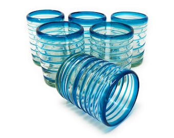 Hand Blown Drinking Glasses – Mexican Tumbler Glasses with an Aqua Spiral Design (10 oz each) - Set of 6