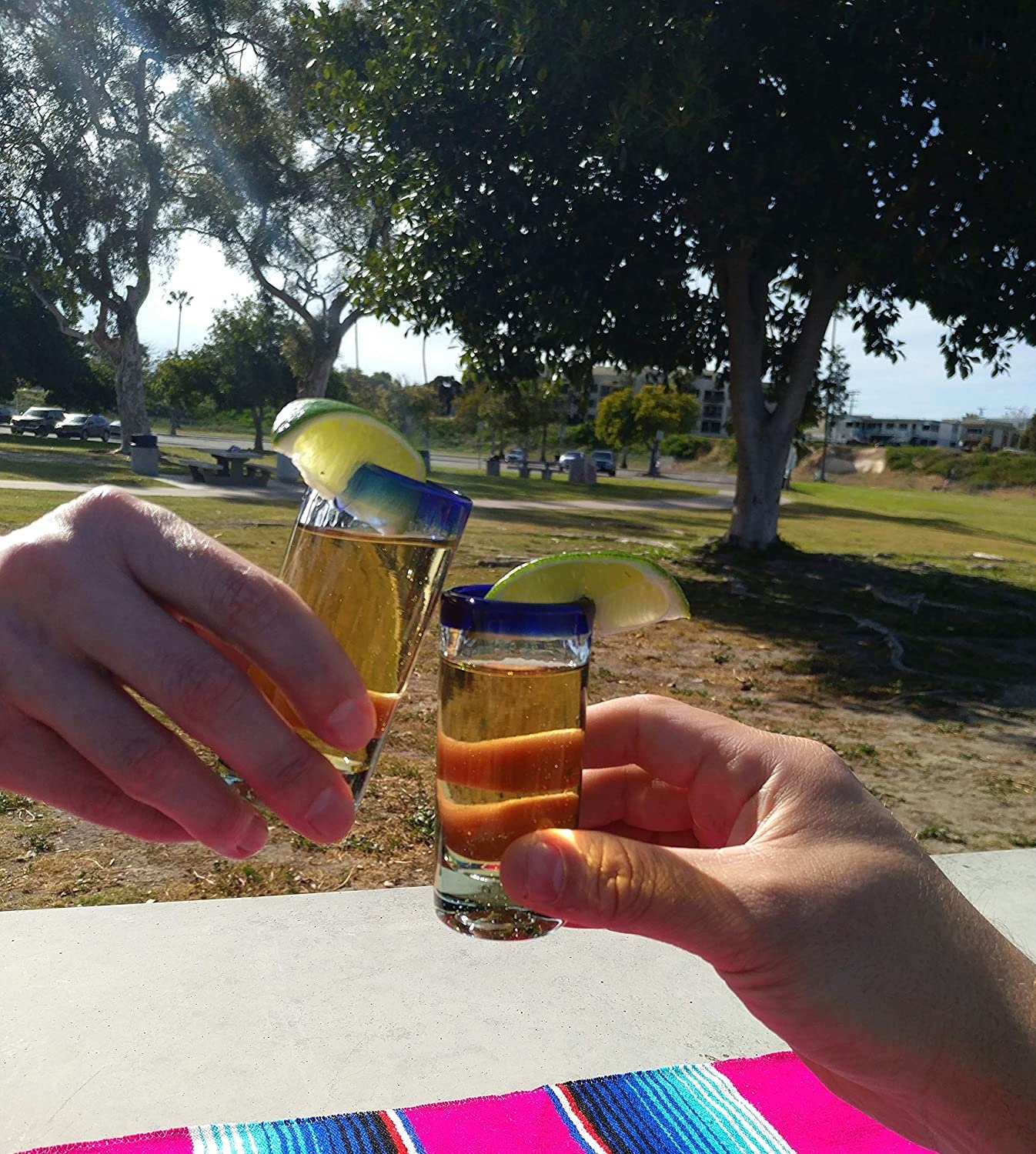 Authentic Mexican Tequila Shot Glasses Set - Hand Blown 2oz Tall Blue Rim Glasses