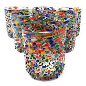 Hand Blown Mexican Drinking Glasses – Set of 6 Confetti Rock Tumbler Glasses (10 oz each)