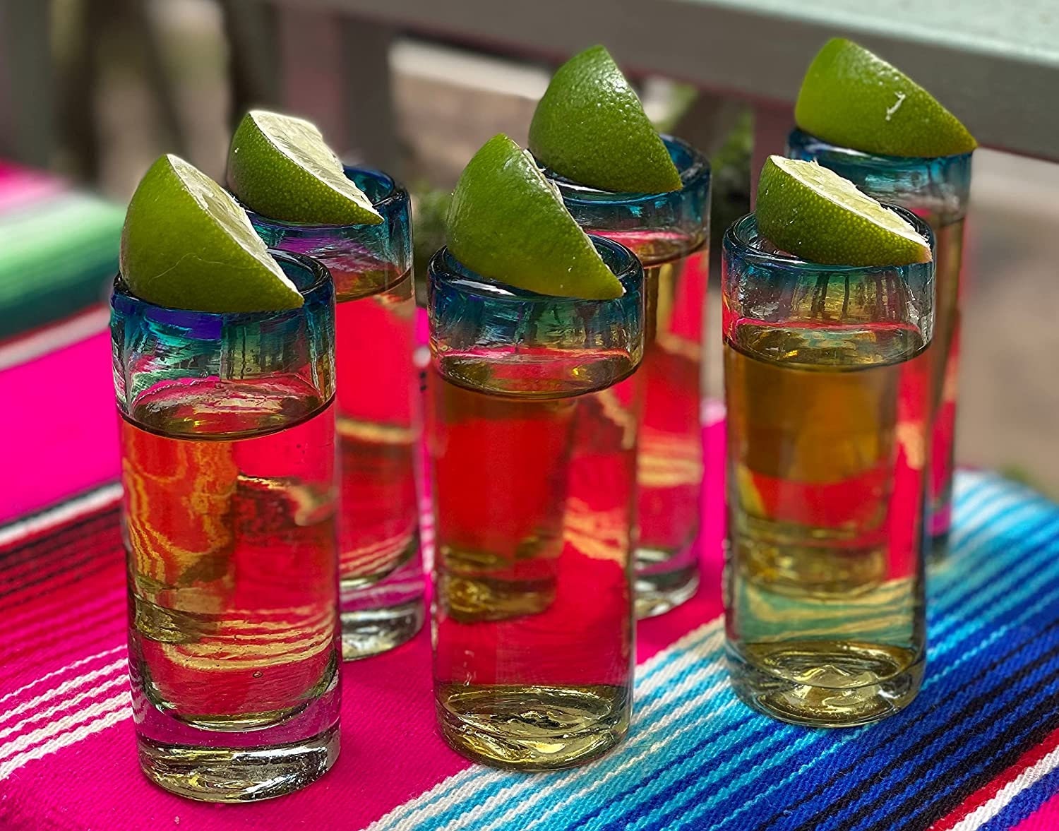 Hand Blown Mexican Tequila Shot Glasses Set of 6 Aqua Rim Etsy