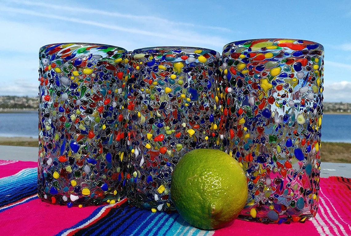 Hand Blown Mexican Drinking Glasses Set of 6 Confetti Rock Etsy