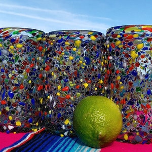Hand Blown Mexican Drinking Glasses – Set of 6 Confetti Rock Design Glasses (14 oz each) image 2
