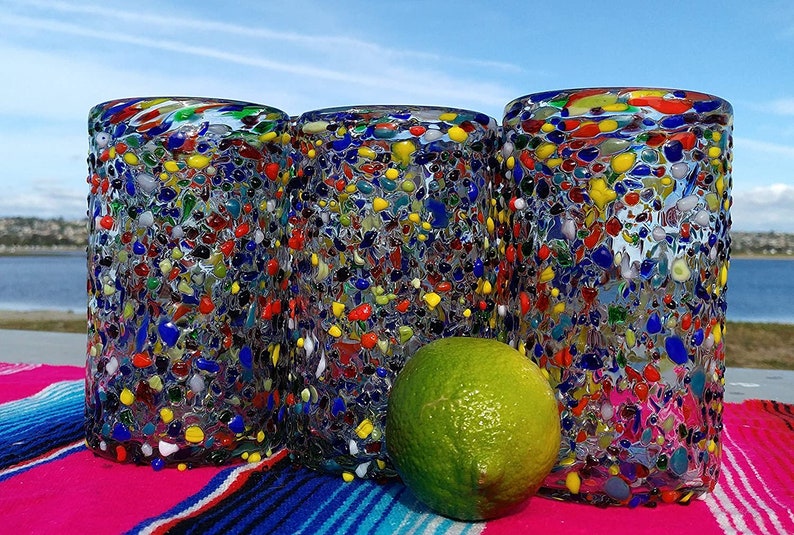 Hand Blown Mexican Drinking Glasses – Set of 6 Confetti Rock Design Glasses (14 oz each) image 2
