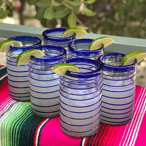 Hand Blown Mexican Drinking Glasses Set of 6 Glasses with Cobalt Blue Spiral Design 14 oz each image 4