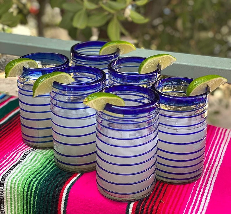 Hand Blown Mexican Drinking Glasses Set of 6 Glasses with Cobalt Blue Spiral Design 14 oz each image 4