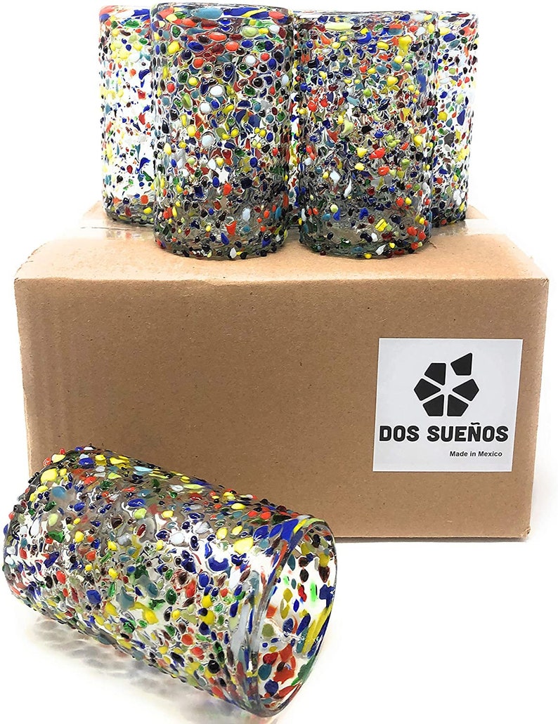 Hand Blown Mexican Drinking Glasses – Set of 6 Confetti Rock Design Glasses (14 oz each) image 5
