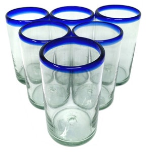 Hand Blown Mexican Drinking Glasses – Set of 6 Glasses with Cobalt Blue Rims (14 oz each)