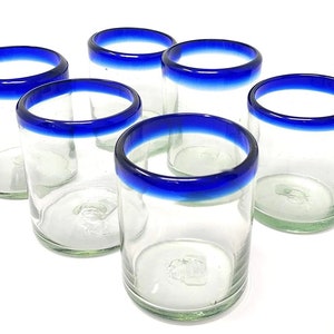 Hand Blown Mexican Drinking Glasses – Set of 6 Tumbler Glasses with Cobalt Blue Rims (10 oz each)