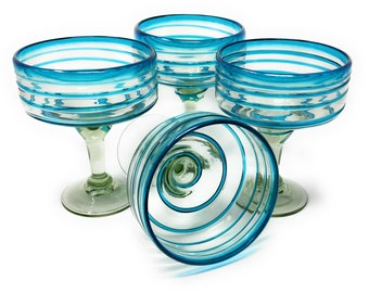 Hand Blown Glassware – Mexican Margarita Glasses (16 oz) with Aqua Spiral Design - Set of 4