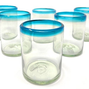 Hand BlownDrinking Glasses – Set of 6 Mexican Tumbler Glasses with Aqua Blue Rims (10 oz each)