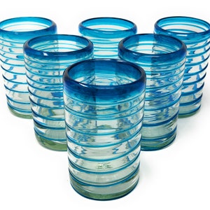 Hand Blown Drinking Glasses – Set of 6 Mexican Glasses with an Aqua Spiral Design (14 oz each)