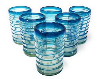 Hand Blown Drinking Glasses – Set of 6 Mexican Glasses with an Aqua Spiral Design (14 oz each)