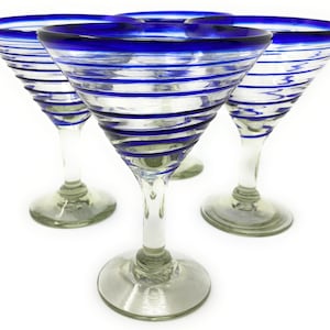 Hand Blown Glassware – Set of 4 Mexican Hand Blown Modern Margarita Glasses - Blue Spiral (12 oz)