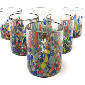 Hand Blown Drinking Glasses – Set of 6 Mexican Confetti Carmen Tumbler Glasses (10 oz each)