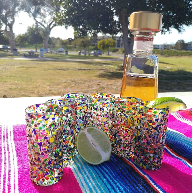 Hand Blown Mexican Tequila Glasses Set of 6 Confetti Design Etsy