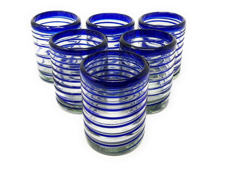 Hand Blown Mexican Drinking Glasses Set of 6 Tumbler Glasses with Blue Spiral Design 10 oz each image 1