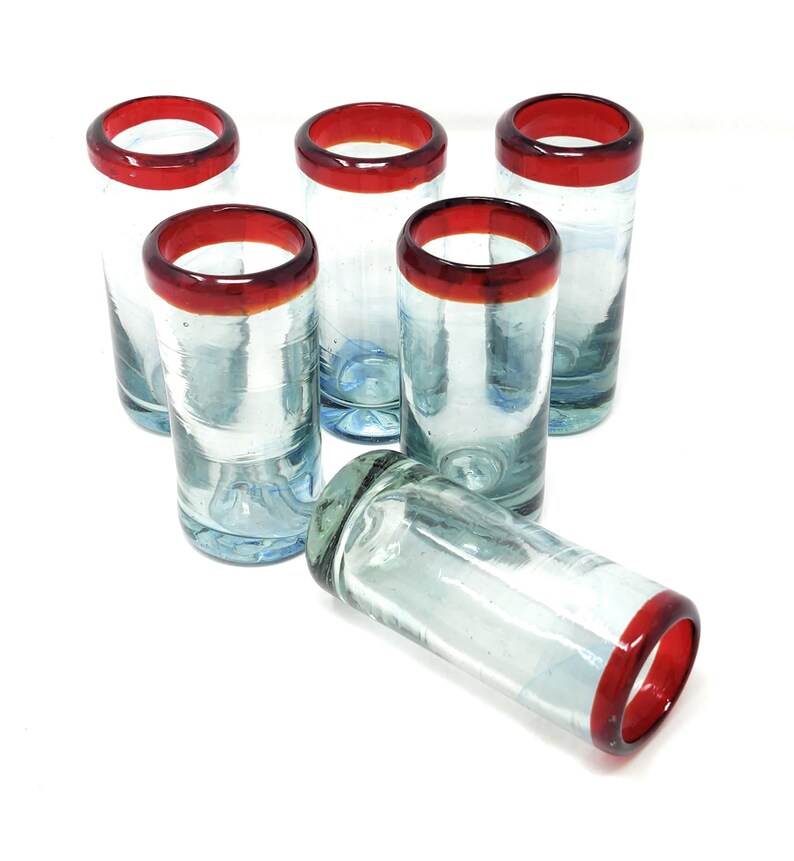 Hand Blown Mexican Tequila Shot Glasses Set of 6 Red Rim Etsy