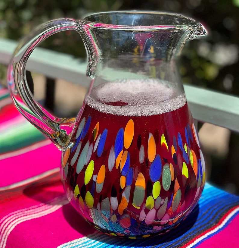 Mexican Hand Blown Glass Pitcher Confetti Carmen Design 84 Etsy