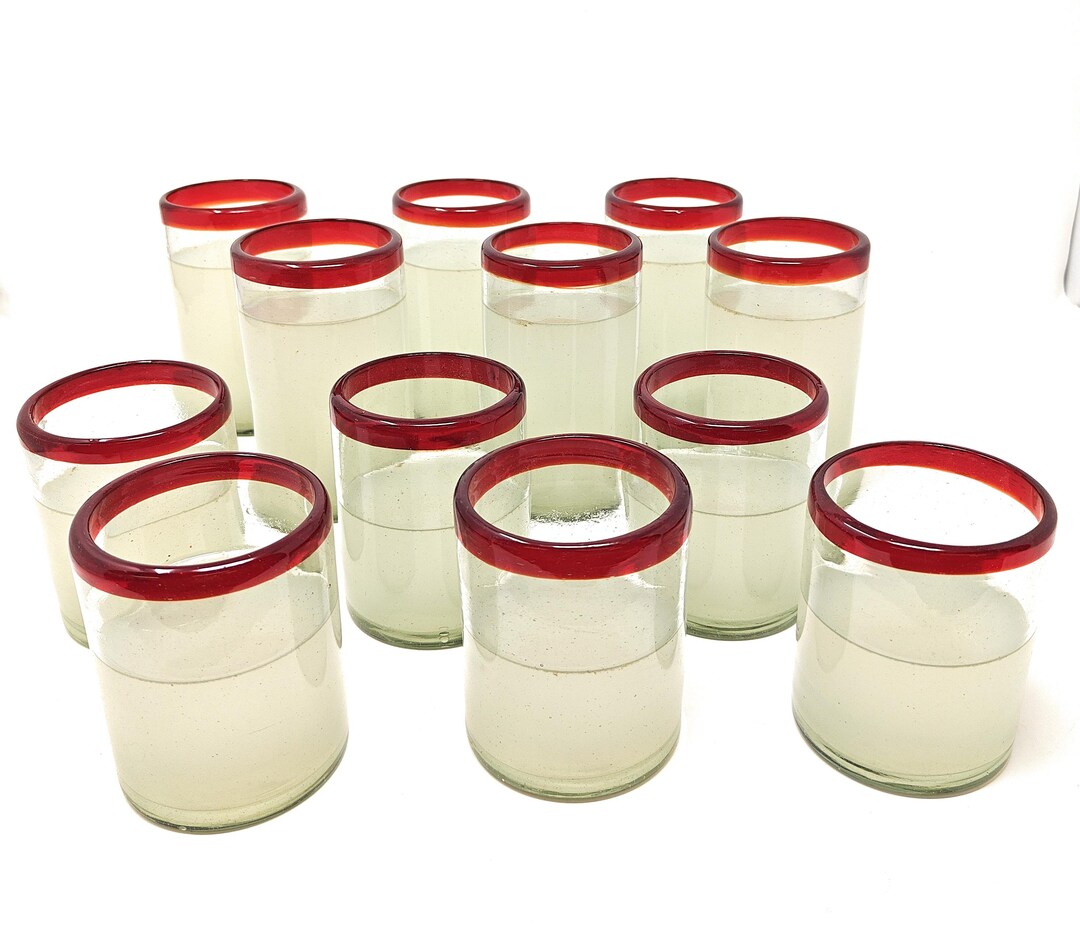 Mexican Hand Blown Glassware Combo Set - Red Rim Tumblers and Drinking ...