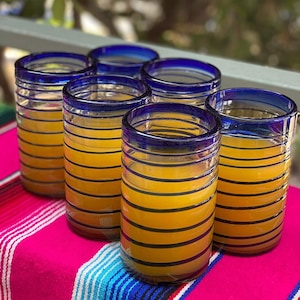 Hand Blown Mexican Drinking Glasses Set of 6 Glasses with Cobalt Blue Spiral Design 14 oz each image 2