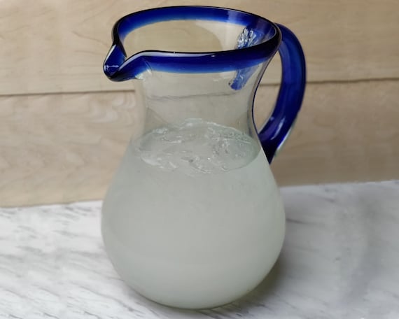 Hand Blown Glass Pitcher – Mexican Pitcher with Cobalt Blue Rim and Handle (84 oz)