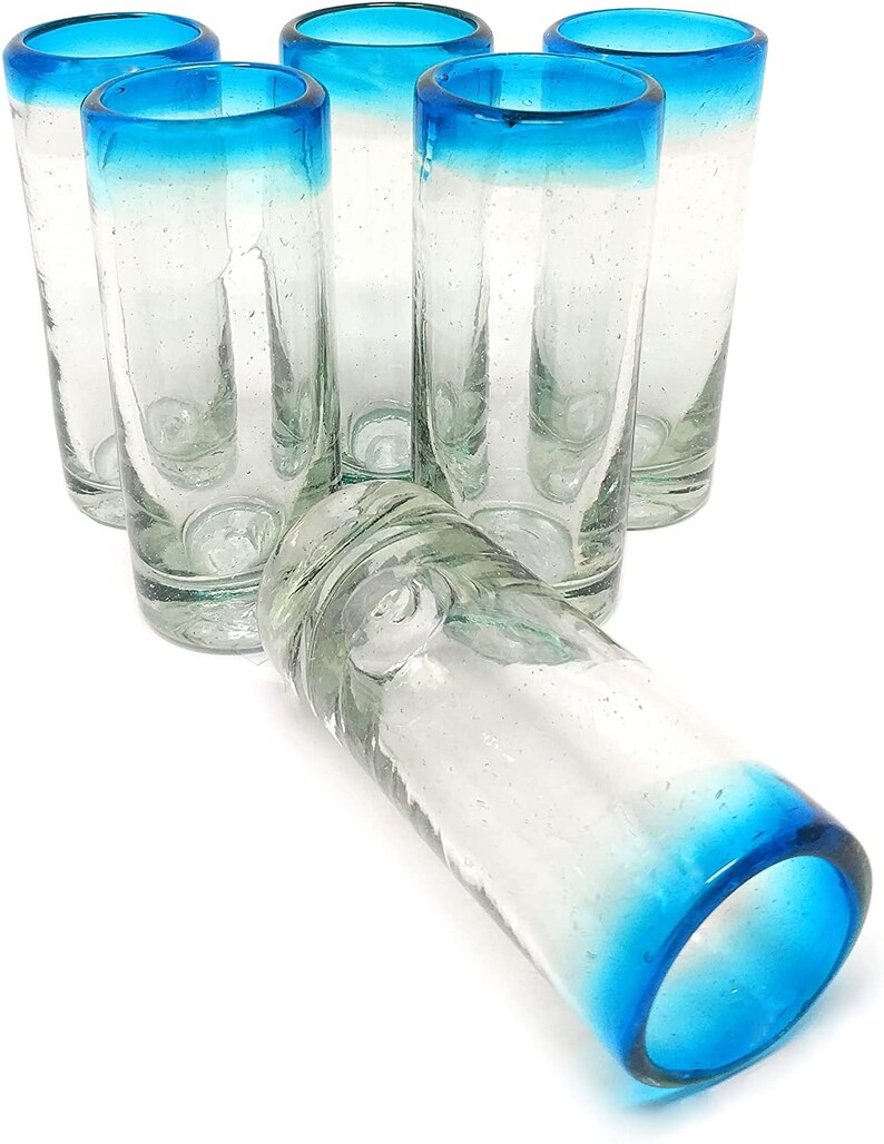 Hand Blown Mexican Tequila Shot Glasses Set of 6 Aqua Rim Etsy