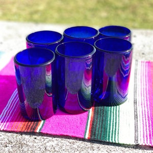 Hand Blown Drinking Glasses – Set of 6 Mexican Cobalt Water Glasses (14 oz each)
