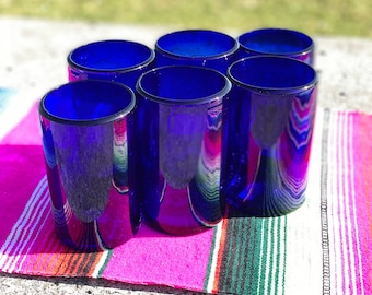 Hand Blown Drinking Glasses – Set of 6 Mexican Cobalt Water Glasses (14 oz each)