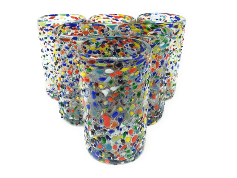 Hand Blown Mexican Drinking Glasses – Set of 6 Confetti Rock Design Glasses (14 oz each) image 1